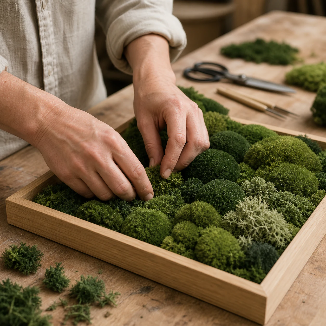Artisan arranging preserved moss by hand in a solid wood frame