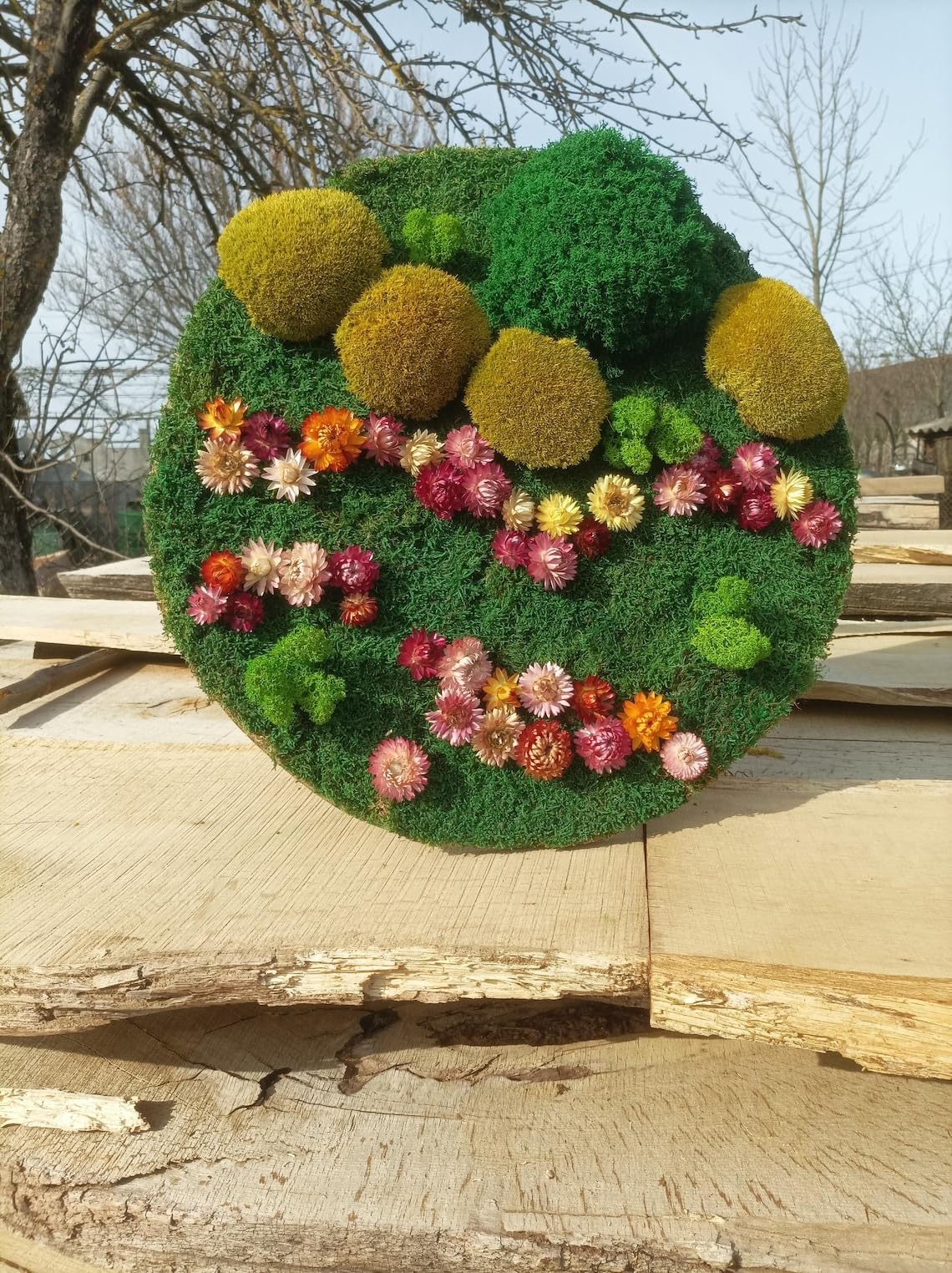 Handcrafted round preserved moss artwork